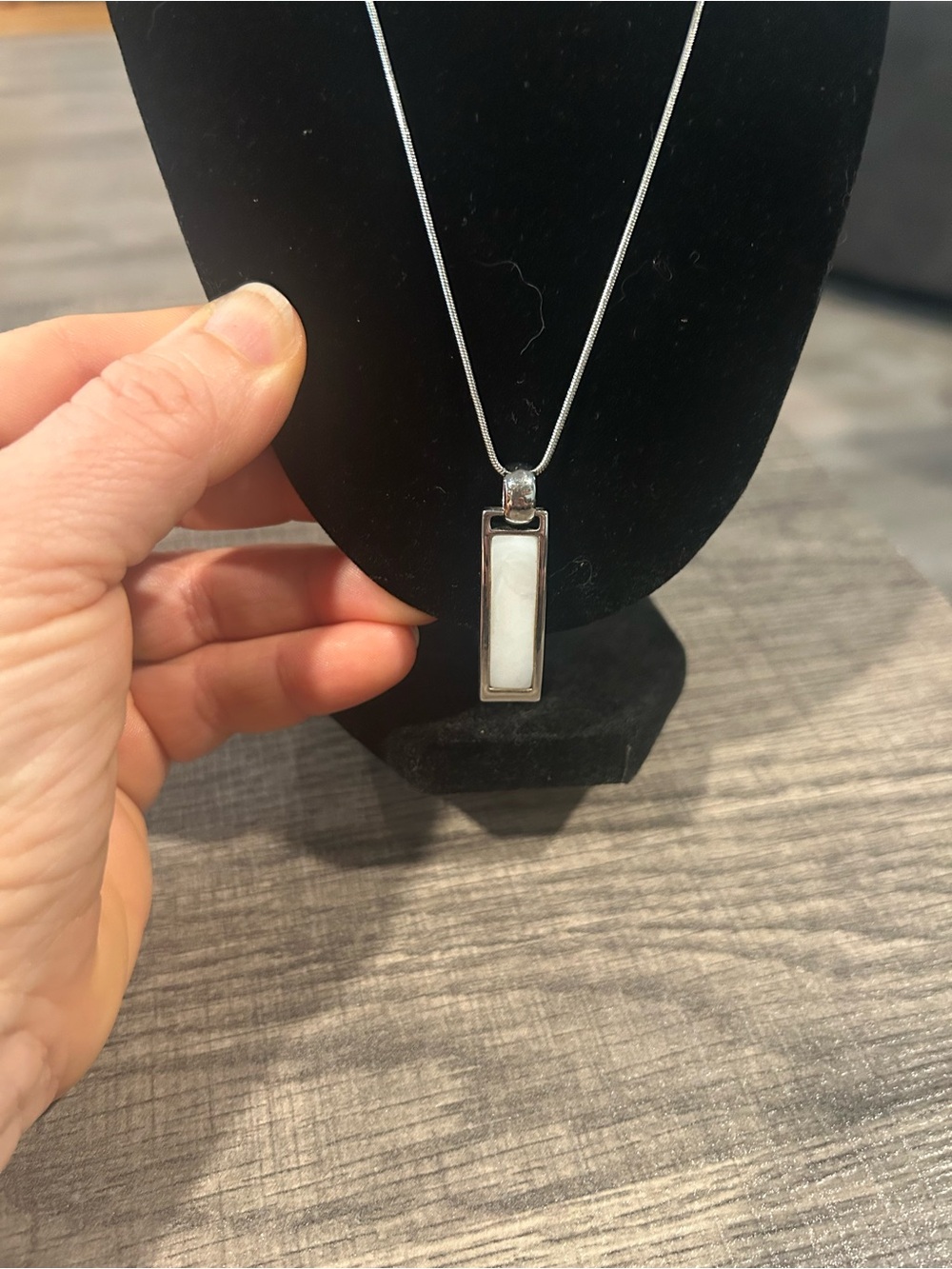 Lia Sophia Rectangular Pendant Necklace in Silver, Reversible white/black stone - Picture 3 of 3